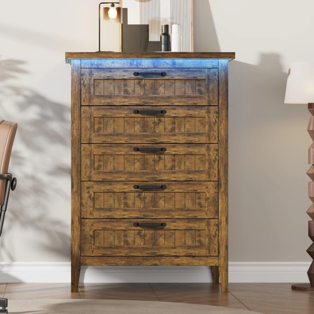 IDEALHOUSE 44.9'' Tall 5 Drawer Dresser with Charging Station & LED Lights | Rustic Brown Slim Wooden Chest of Drawers, Modern Style Clothes Organizer for Bedroom, Closet, Dorm, and Apartment