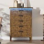 IDEALHOUSE 44.9'' Tall 5 Drawer Dresser with Charging Station & LED Lights | Rustic Brown Slim Wooden Chest of Drawers, Modern Style Clothes Organizer for Bedroom, Closet, Dorm, and Apartment