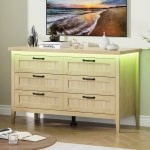 IDEALHOUSE 6 Drawer Dresser with Charging Station & LED Lights | Natural Slim Wooden Chest of Drawers, Farmhouse Style Clothes Organizer for Bedroom, Closet, Dorm, and Apartment