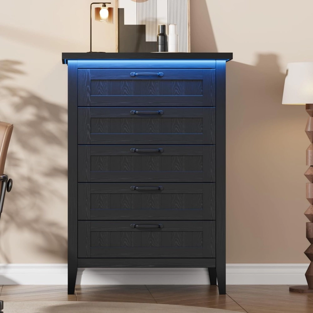IDEALHOUSE 44.9'' Tall 5 Drawer Dresser with Charging Station & LED Lights | Black Slim Wooden Chest of Drawers, Modern Style Clothes Organizer for Bedroom, Closet, Dorm, and Apartment