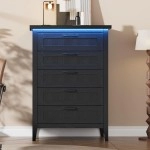 IDEALHOUSE 44.9'' Tall 5 Drawer Dresser with Charging Station & LED Lights | Black Slim Wooden Chest of Drawers, Modern Style Clothes Organizer for Bedroom, Closet, Dorm, and Apartment