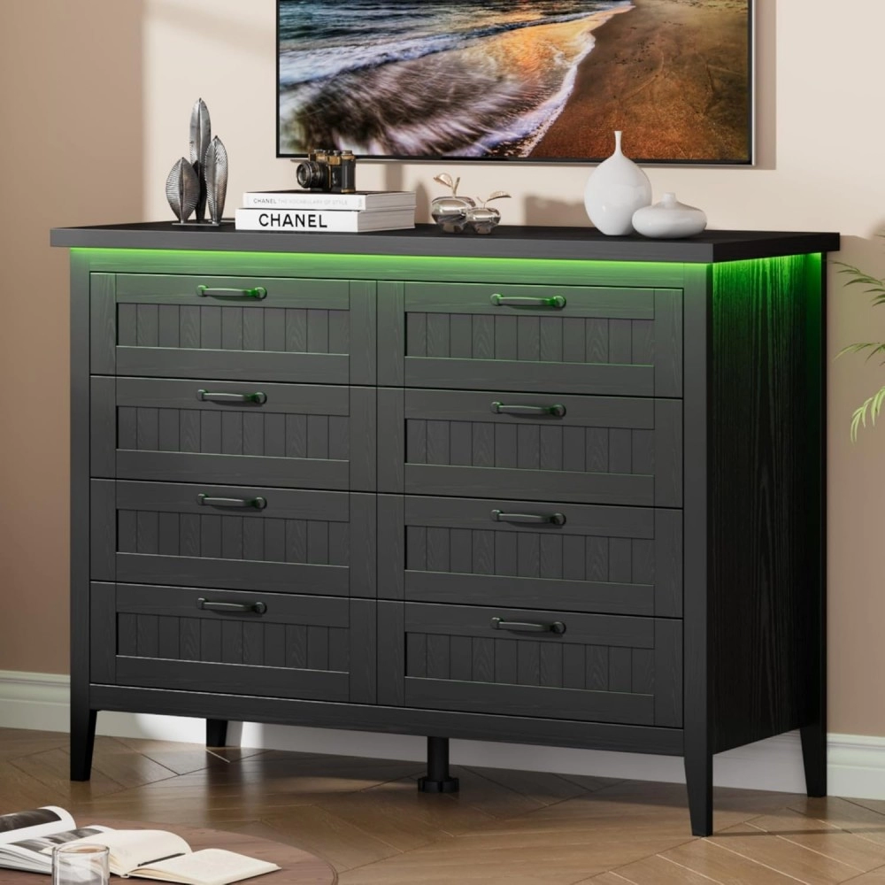 IDEALHOUSE 8 Drawer Dresser with Charging Station & LED Lights | Black Slim Wooden Chest of Drawers, Farmhouse Style Clothes Organizer for Bedroom, Closet, Dorm, and Apartment