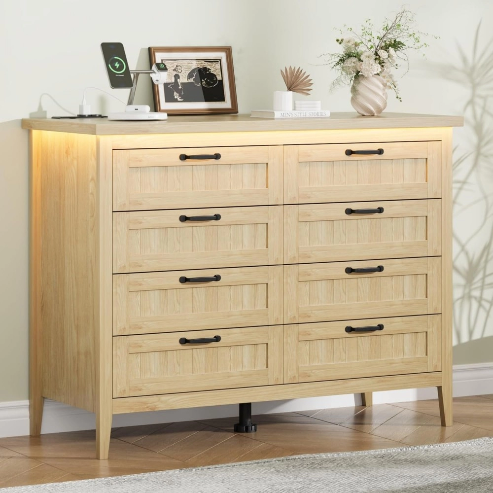 IDEALHOUSE 8 Drawer Dresser with Charging Station & LED Lights | Natural Slim Wooden Chest of Drawers, Farmhouse Style Clothes Organizer for Bedroom, Closet, Dorm, and Apartment