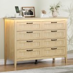 IDEALHOUSE 8 Drawer Dresser with Charging Station & LED Lights | Natural Slim Wooden Chest of Drawers, Farmhouse Style Clothes Organizer for Bedroom, Closet, Dorm, and Apartment