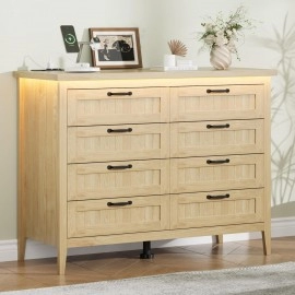 IDEALHOUSE 8 Drawer Dresser with Charging Station & LED Lights | Natural Slim Wooden Chest of Drawers, Farmhouse Style Clothes Organizer for Bedroom, Closet, Dorm, and Apartment