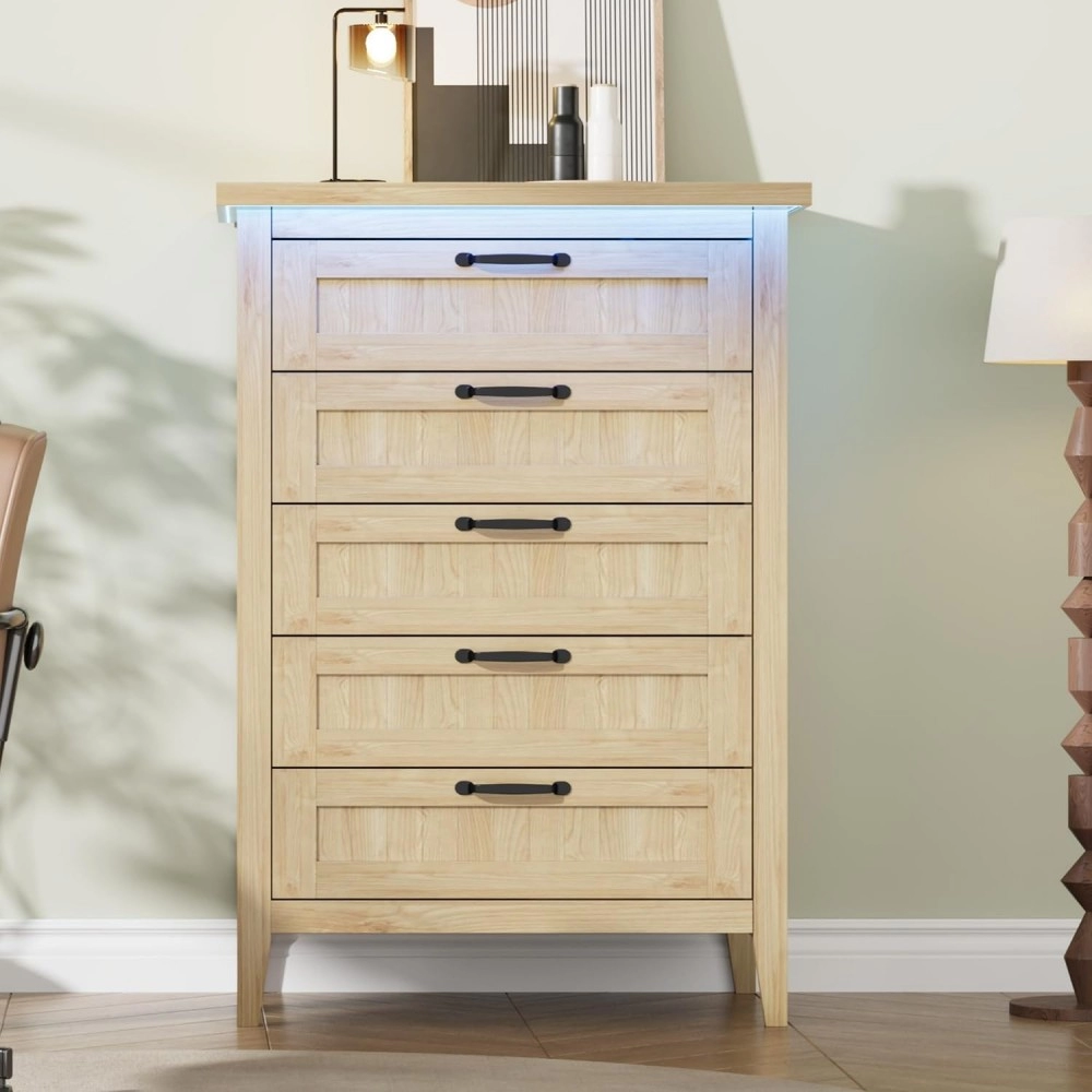 IDEALHOUSE 44.9'' Tall 5 Drawer Dresser with Charging Station & LED Lights | Natural Slim Wooden Chest of Drawers, Modern Style Clothes Organizer for Bedroom, Closet, Dorm, and Apartment