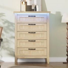 IDEALHOUSE 44.9'' Tall 5 Drawer Dresser with Charging Station & LED Lights | Natural Slim Wooden Chest of Drawers, Modern Style Clothes Organizer for Bedroom, Closet, Dorm, and Apartment