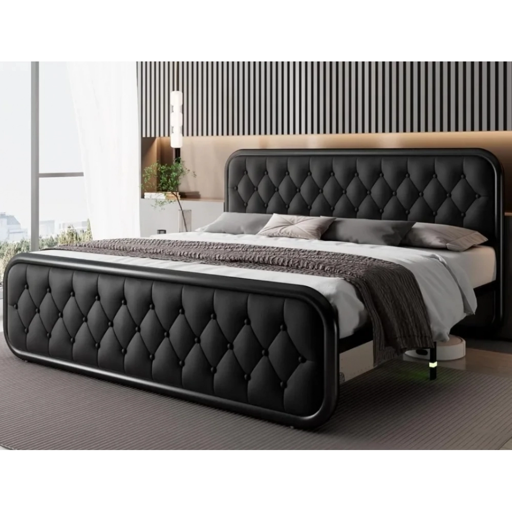 Bed Frame Heavy Duty Bed Frame With Faux Leather Headboard Bedroom Furniture 12" Under-Bed Storage Black