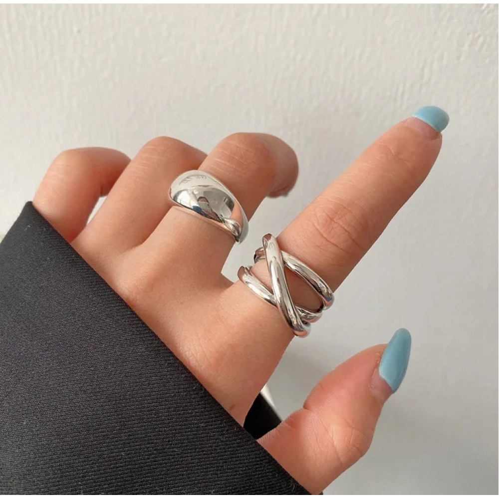 925 Sterling Silver Irregular Water Droplets Cross Ring Female Simple Retro Style Handmade Jewelry